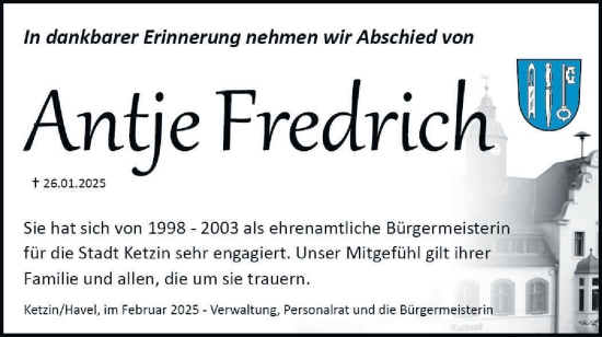 Traueranzeige von Antje Fredrich von Märkische Oderzeitung