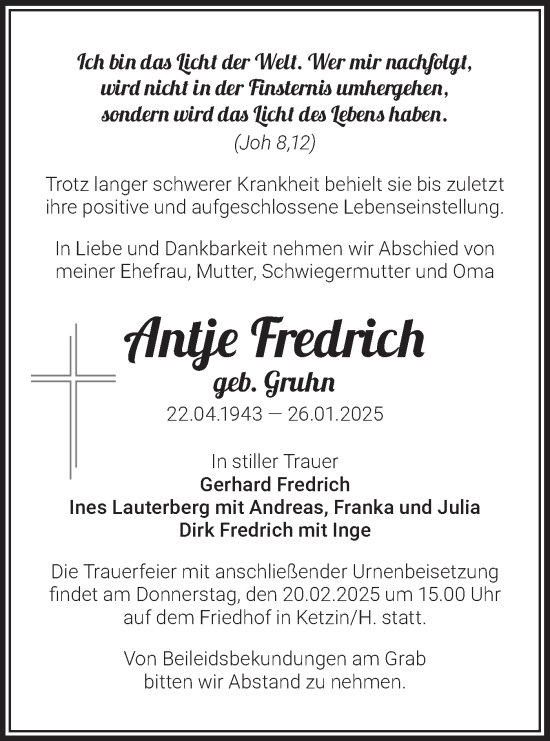 Traueranzeige von Antje Fredrich von Märkische Oderzeitung