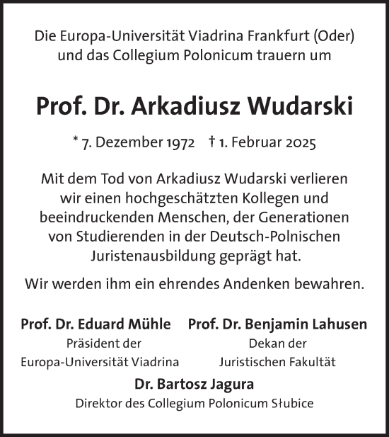Traueranzeige von Arkadiusz Wudarski von Märkische Oderzeitung