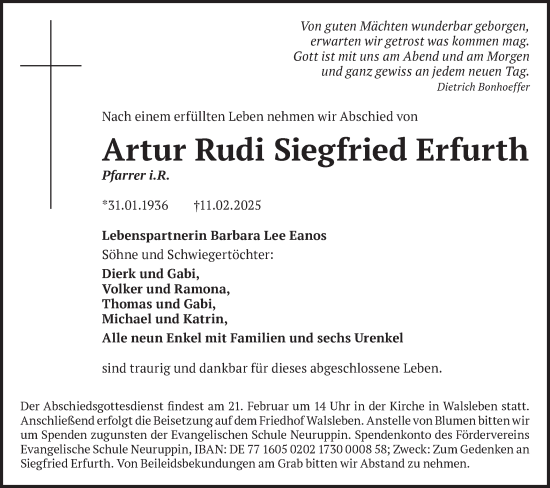 Traueranzeige von Artur  Erfurth von Märkische Oderzeitung