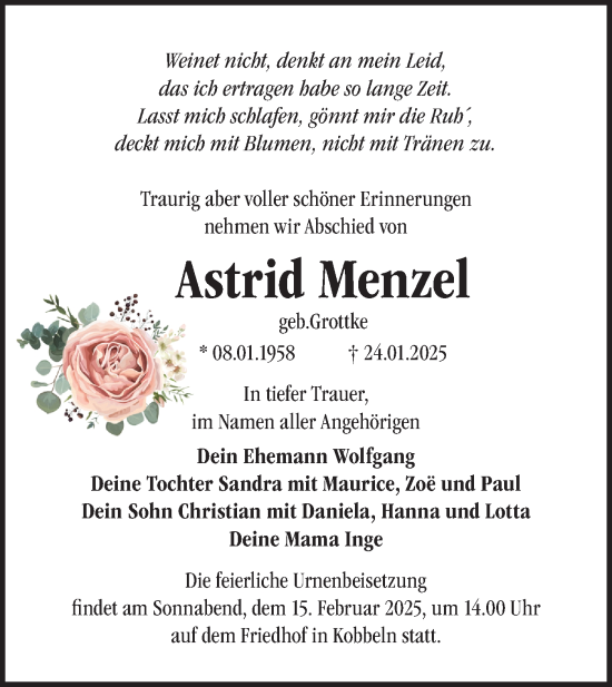 Traueranzeige von Astrid Menzel von Märkische Oderzeitung