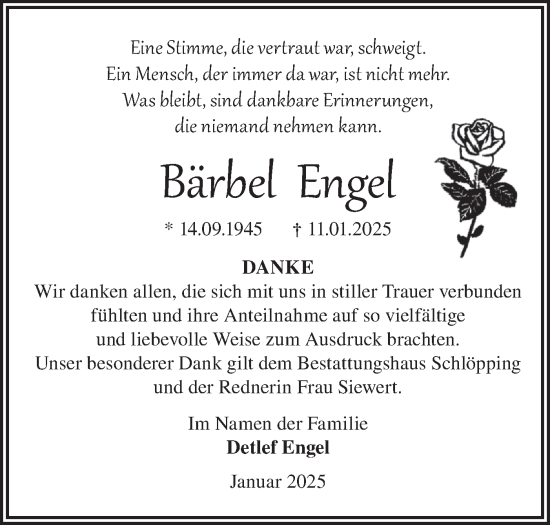 Traueranzeige von Bärbel Engel von Märkische Oderzeitung