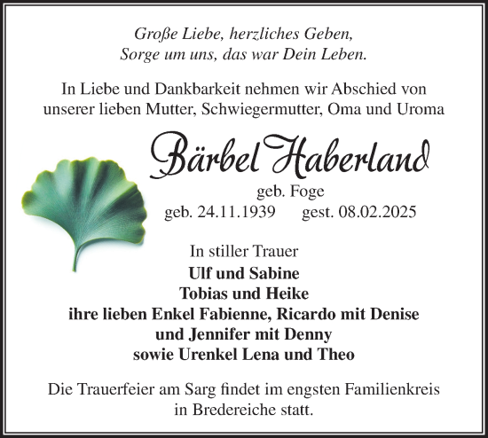 Traueranzeige von Bärbel Haberland von Märkische Oderzeitung