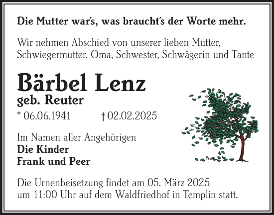 Traueranzeige von Bärbel Lenz von Märkische Oderzeitung