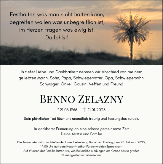 Traueranzeige von Benno Zelazny von Märkische Oderzeitung