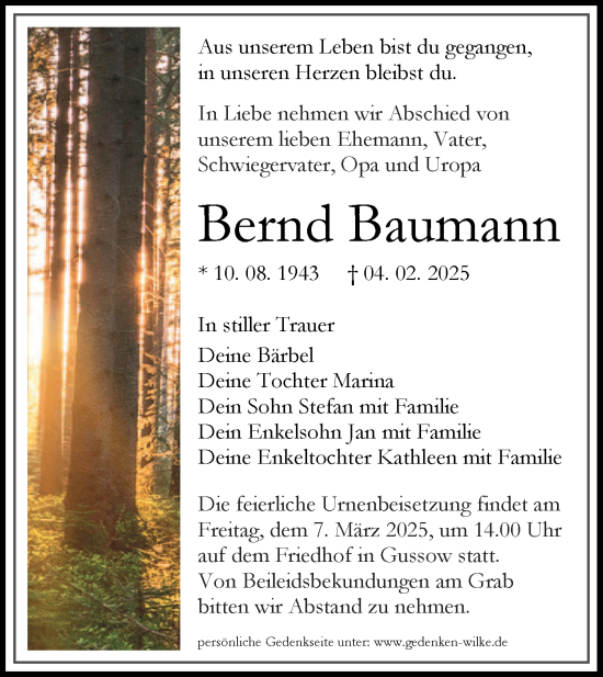 Traueranzeige von Bernd Baumann von Märkische Oderzeitung
