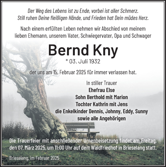 Traueranzeige von Bernd Kny von Märkische Oderzeitung