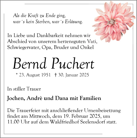 Traueranzeige von Bernd Puchert von Märkische Oderzeitung
