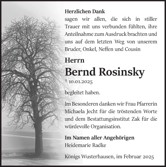 Traueranzeige von Bernd Rosinsky von Märkische Oderzeitung