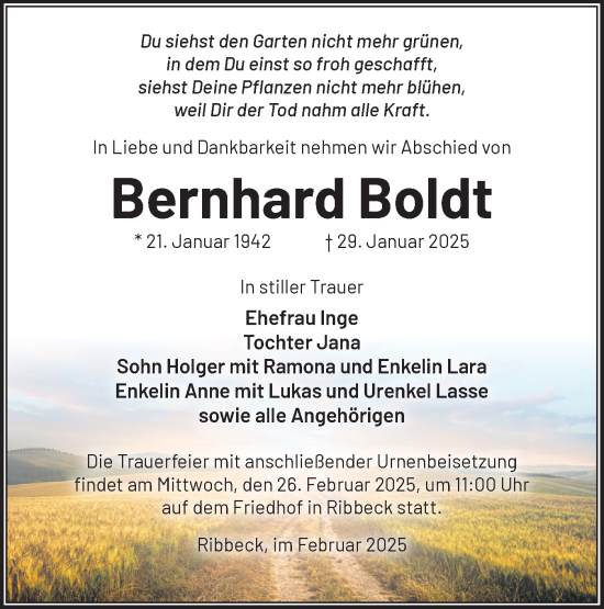 Traueranzeige von Bernhard Boldt von Märkische Oderzeitung