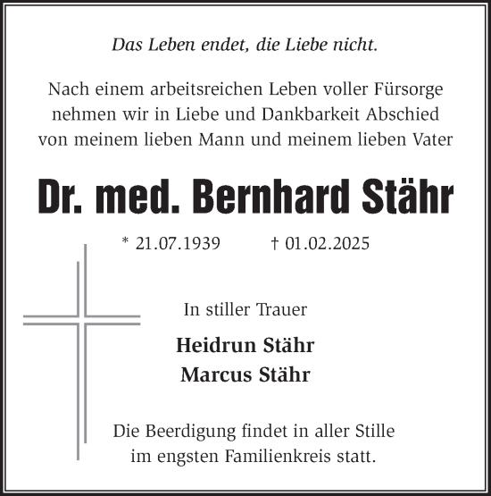 Traueranzeige von Bernhard Stähr von Märkische Oderzeitung