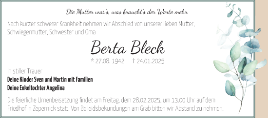 Traueranzeige von Berta Bleck von Märkische Oderzeitung