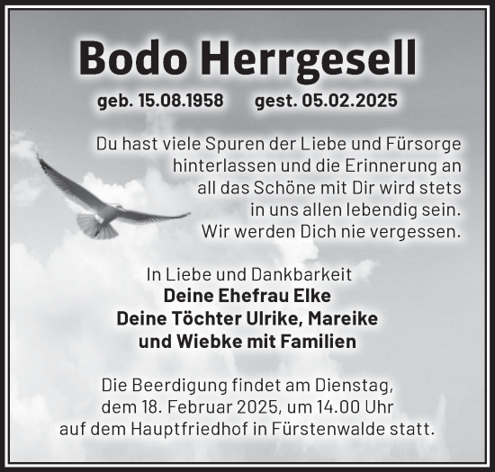 Traueranzeige von Bodo Herrgesell von Märkische Oderzeitung