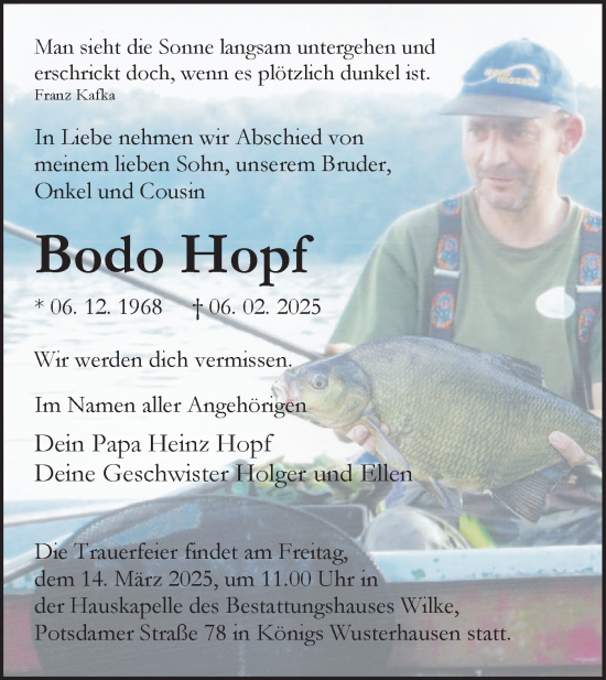 Traueranzeige von Bodo Hopf von Märkische Oderzeitung