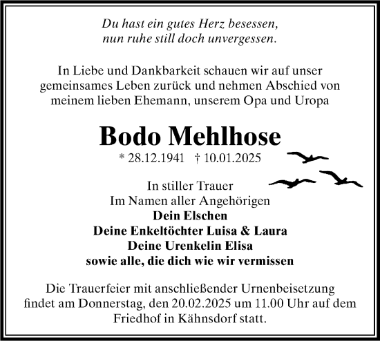 Traueranzeige von Bodo Mehlhose von Märkische Oderzeitung