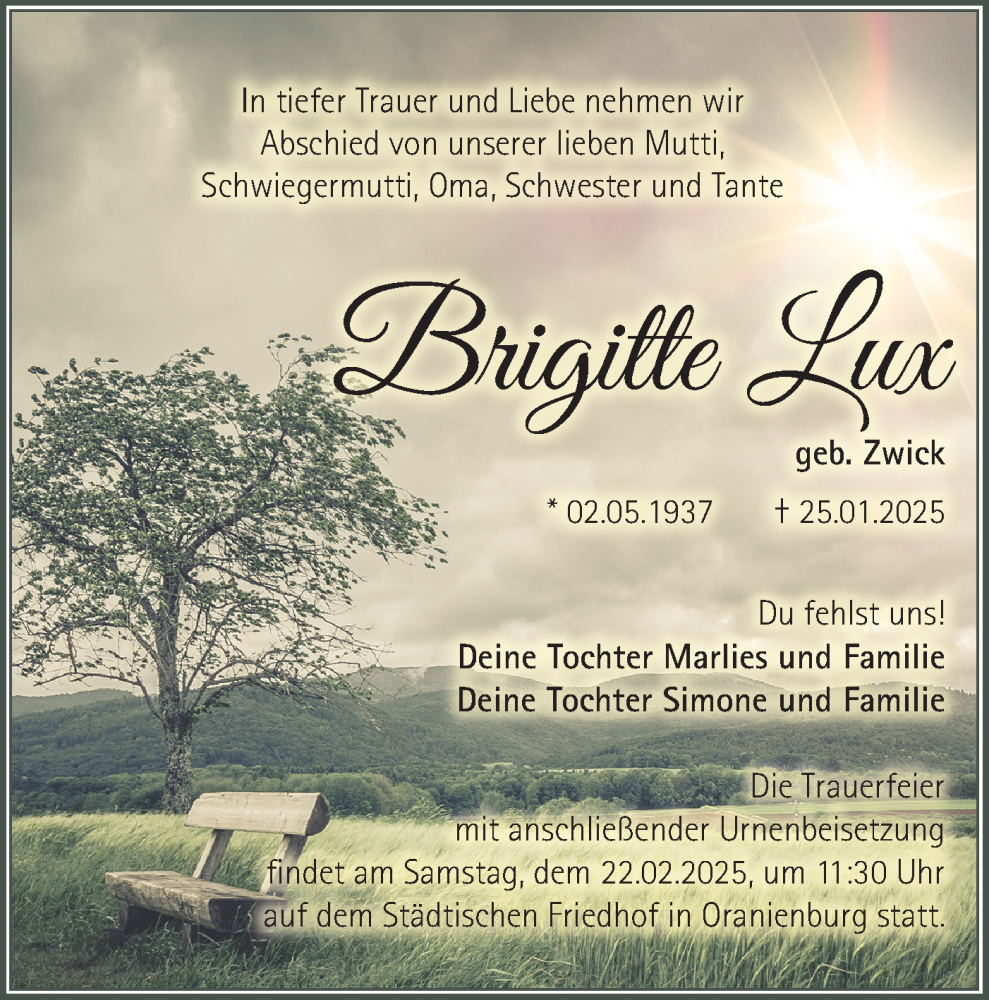  Traueranzeige für Brigitte Lux vom 15.02.2025 aus Märkische Oderzeitung
