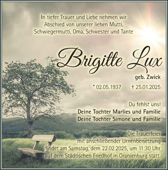 Traueranzeige von Brigitte Lux von Märkische Oderzeitung