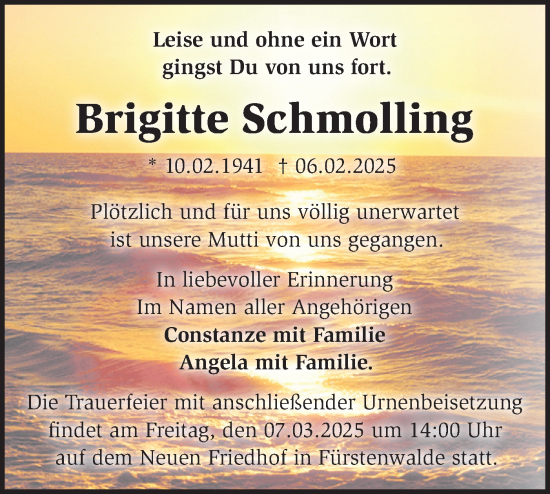 Traueranzeige von Brigitte Schmolling von Märkische Oderzeitung