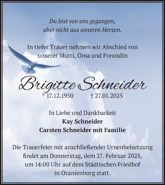 Traueranzeige von Brigitte Schneider von Märkische Oderzeitung