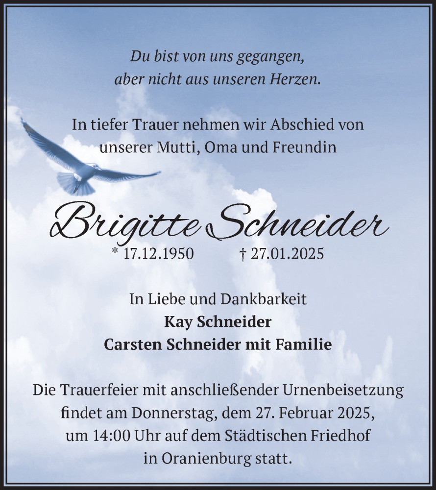  Traueranzeige für Brigitte Schneider vom 22.02.2025 aus Märkische Oderzeitung