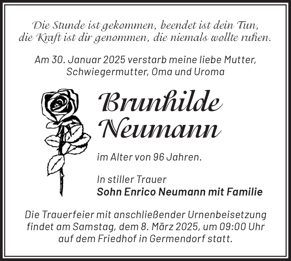  Traueranzeige für Brunhilde Neumann vom 15.02.2025 aus Märkische Oderzeitung