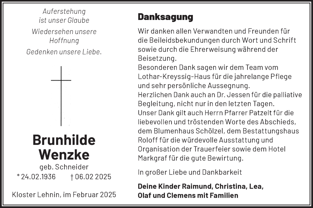  Traueranzeige für Brunhilde Wenzke vom 22.02.2025 aus Märkische Oderzeitung
