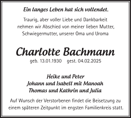 Traueranzeige von Charlotte Bachmann von Märkische Oderzeitung