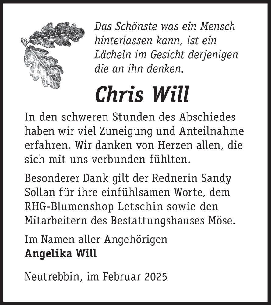  Traueranzeige für Chris Will vom 22.02.2025 aus Märkische Oderzeitung