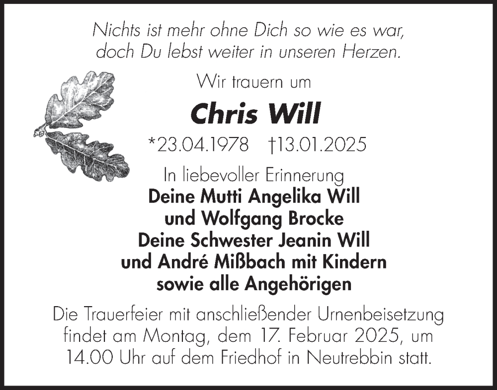  Traueranzeige für Chris Will vom 08.02.2025 aus Märkische Oderzeitung