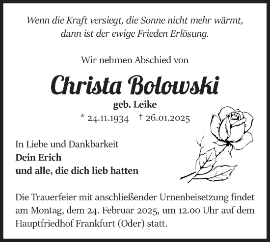 Traueranzeige von Christa Bolowski von Märkische Oderzeitung