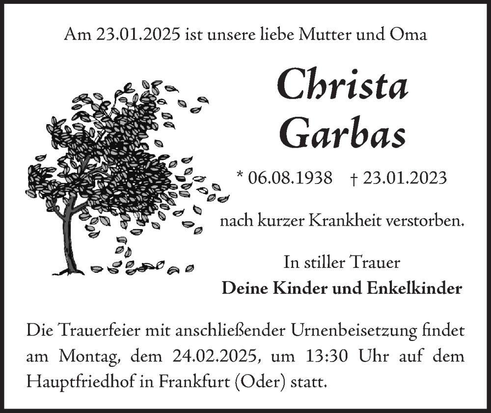  Traueranzeige für Christa Garbas vom 08.02.2025 aus Märkische Oderzeitung