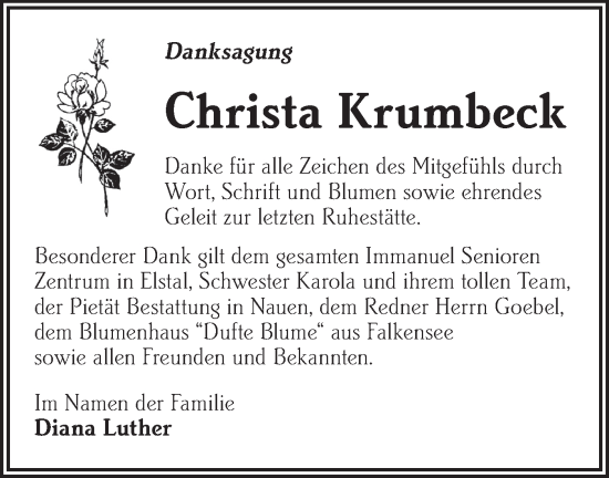 Traueranzeige von Christa Krumbeck von Märkische Oderzeitung