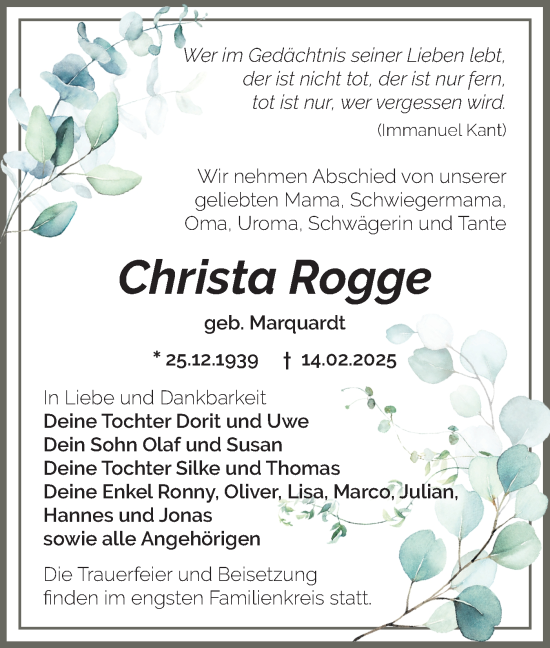 Traueranzeige von Christa Rogge von Märkische Oderzeitung
