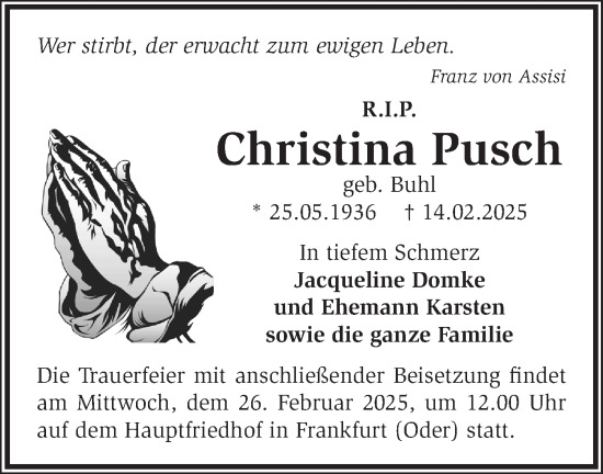 Traueranzeige von Christina Pusch von Märkische Oderzeitung