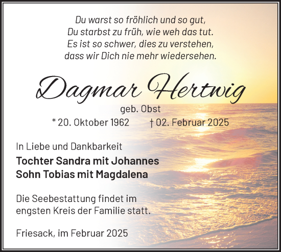 Traueranzeige von Dagmar Hertwig von Märkische Oderzeitung