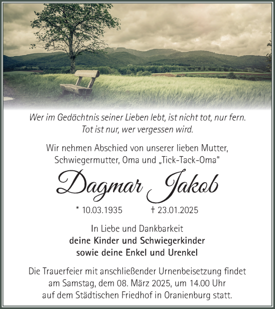 Traueranzeige von Dagmar Jakob von Märkische Oderzeitung