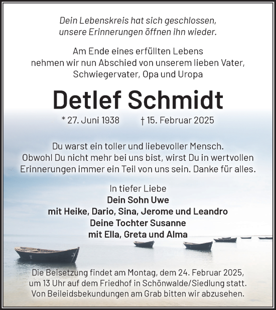 Traueranzeige von Detlef Schmidt von Märkische Oderzeitung