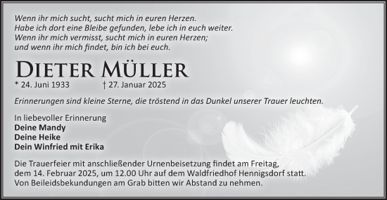 Traueranzeige von Dieter Müller von Märkische Oderzeitung