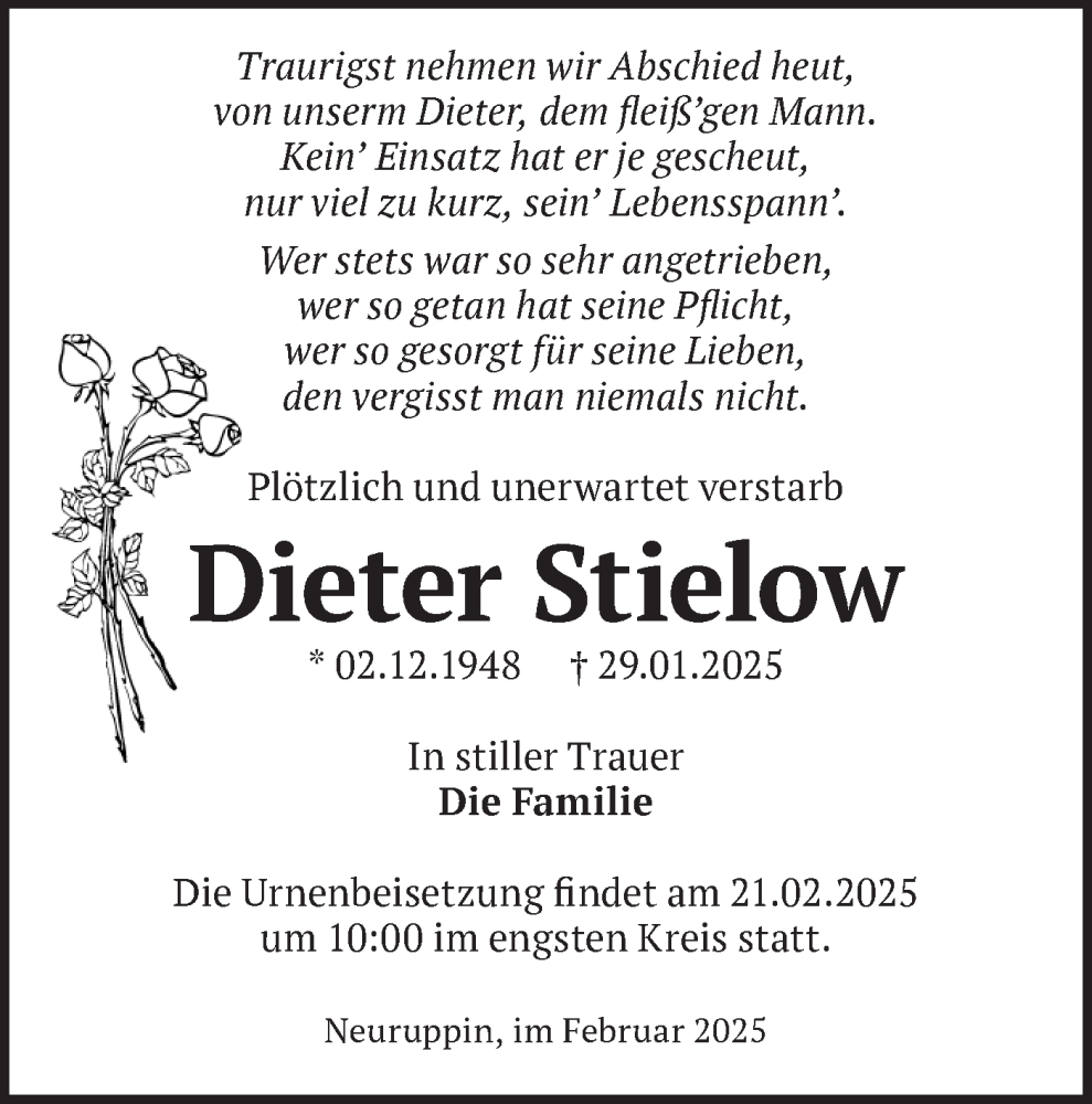  Traueranzeige für Dieter Stielow vom 15.02.2025 aus Märkische Oderzeitung