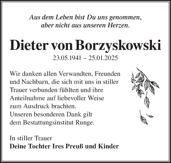 Traueranzeige von Dieter von Borzyskowski von Märkische Oderzeitung