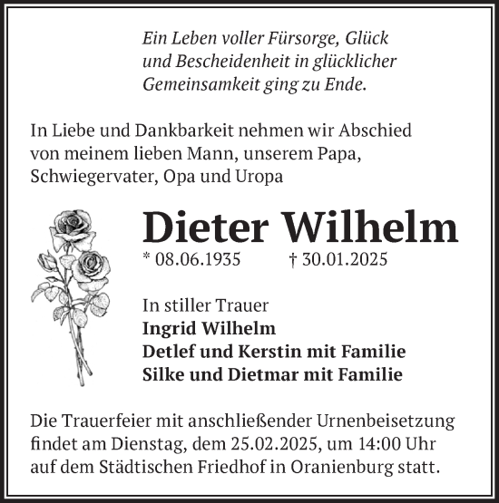 Traueranzeige von Dieter Wilhelm von Märkische Oderzeitung