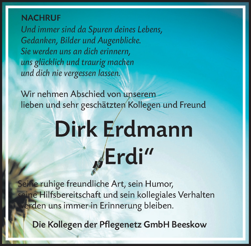  Traueranzeige für Dirk Erdmann vom 15.02.2025 aus Märkische Oderzeitung