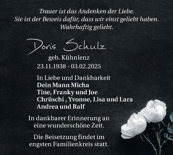 Traueranzeige von Doris Schulz von Märkische Oderzeitung