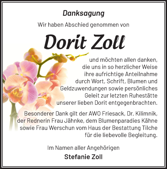 Traueranzeige von Dorit Zoll von Märkische Oderzeitung