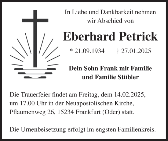 Traueranzeige von Eberhard Petrick von Märkische Oderzeitung