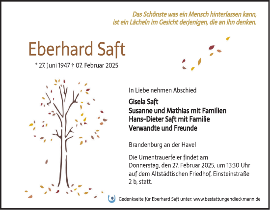 Traueranzeige von Eberhard Saft von Märkische Oderzeitung