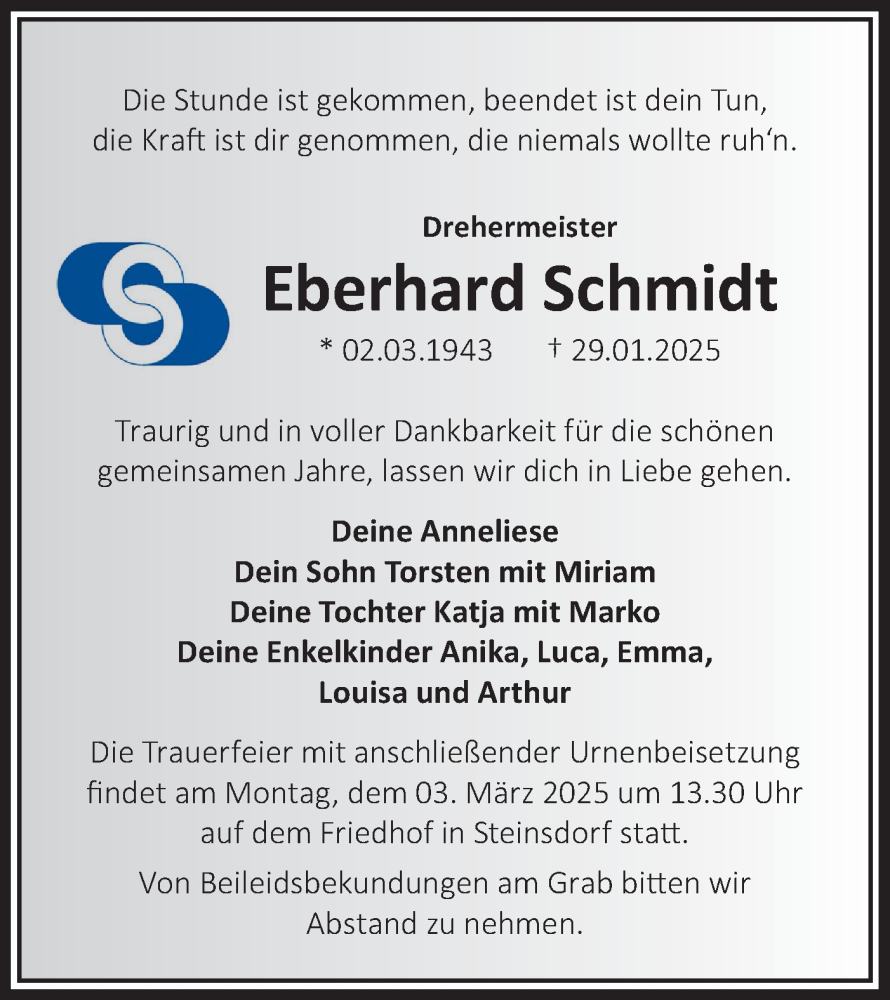  Traueranzeige für Eberhard Schmidt vom 15.02.2025 aus Märkische Oderzeitung