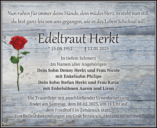 Traueranzeige von Edeltraut Herkt von Märkische Oderzeitung