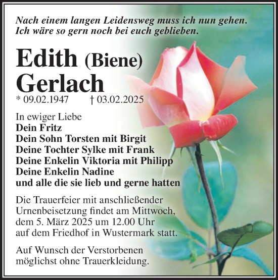Traueranzeige von Edith  Gerlach von Märkische Oderzeitung