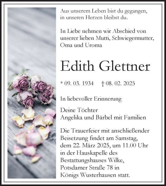 Traueranzeige von Edith Glettner von Märkische Oderzeitung